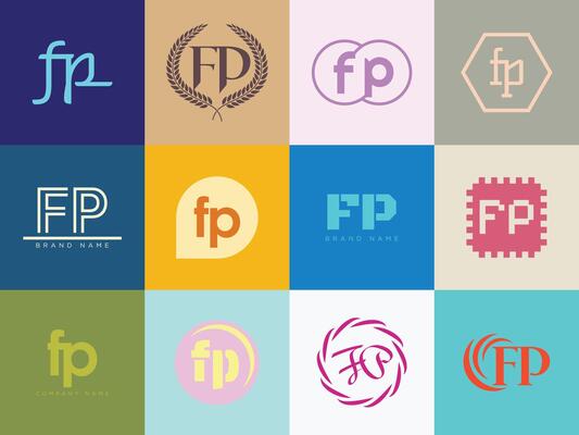 FP logo template. Letter f and p logotype. Set different classic serif lettering and modern bold text with design elements. Initial font typography.