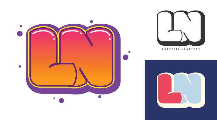 LN logo design for festival or party. Initial letter l and n in graffiti style. Creative modern lettering company name of font typography. Kids trendy logotype or identity.