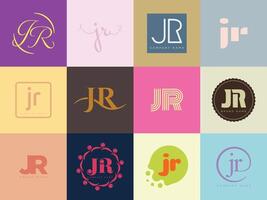 JR logo template. Letter j and r logotype. Set different classic serif lettering and modern bold text with design elements. Initial font typography. vector