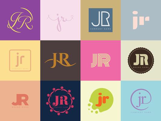 JR logo template. Letter j and r logotype. Set different classic serif lettering and modern bold text with design elements. Initial font typography.