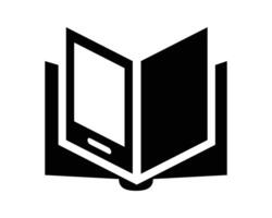 Minimalist icon of an open book with a screen inside. Symbolizes digital learning, ebooks, or the fusion of technology and traditional knowledge. Use for educational platforms, apps. vector
