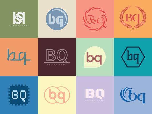 BQ logo template. Letter b and q logotype. Set different classic serif lettering and modern bold text with design elements. Initial font typography.