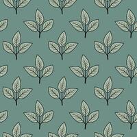 Elegant botanical seamless pattern featuring stylized leaves on a muted teal background. Perfect for textile design, wallpaper, packaging, and branding projects. vector
