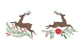 Graceful jumping deers set, Christmas holidays design element with tree branches cartoon illustration vector