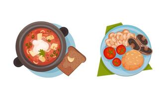 Top view of meal served on plates set. Soup, stewed beans with mushrooms and bun illustration vector