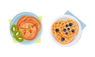 Top view of meal served on plates set. Fresh waffles and pancakes illustration vector