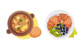 Top view of meal served on plates set. Soup, croissant with fruit and berries illustration vector