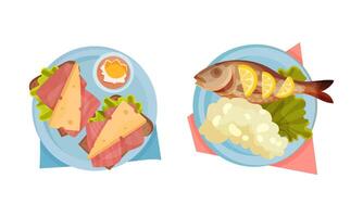 Top view of meal served on plates set. Sandwiches with ham and cheese, fried fish and mashed potato illustration vector