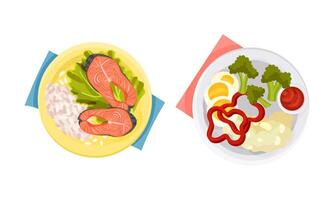Top view of meal served on plates set. Salmon fish with rice, fried eggs with vegetables illustration vector