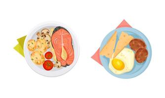 Top view of meal served on plates set. Salmon fish, potato and mushroom, fried egg and cheese illustration vector