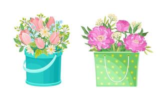 Boxes with bouquet of peony and tulip flowers set illustration vector