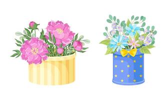 Boxes with bouquets of beautiful flowers set illustration vector