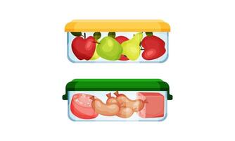 Glass transparent containers with different products set. Fresh fruits and sausages in containers illustration vector