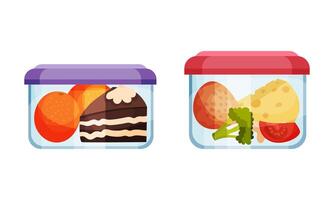 Glass transparent containers with different products set. Fresh fruit, cake, vegetables in container illustration vector