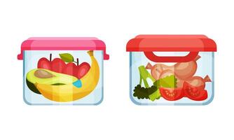 Glass transparent containers with different products set. Fresh fruit, vegetables, sausages in container illustration vector