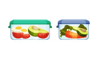 Glass transparent containers with different products set. Fresh fruit, vegetables in container illustration vector