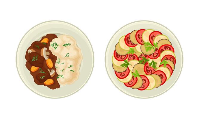 Top view of French cuisine traditional delicious dishes on plates set. Ratatouille and Boeuf Bourguignon illustration