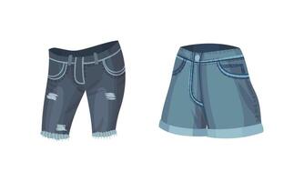 Fashionable denim clothes set. Blue jean shorts and skirt female casual outfit illustration vector