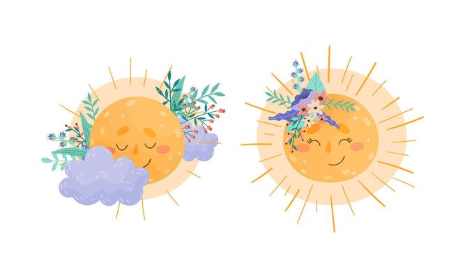 Cute moon and sun characters decorated with flowers set illustration