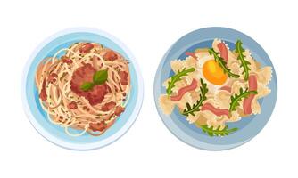 Cooked pasta dishes set. Top view of pasta with bacon, egg and beans served on plates illustration vector