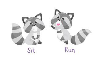 Learning verbs of action set. Cute cat sitting and running. Educational visual material cartoon illustration vector