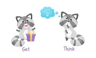 Learning verbs of action set. Cute cat getting and thinking. Educational visual material cartoon illustration vector