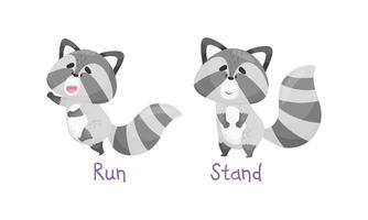 Learning verbs of action set. Cute cat running and standing. Educational visual material cartoon illustration vector