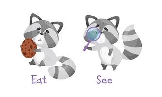 Learning eat and see verbs of action set. Cute cat in different poses and movements. Educational visual material cartoon illustration vector