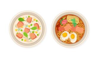 Top view of seafood dishes set. Soup with salmon slices, corn and noodles served on plates illustration vector