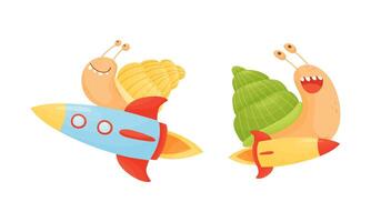 Funny fast snails set. Happy smiling mollusk characters flying rockets illustration vector