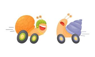 Funny fast snails set. Happy mollusk characters riding on wheels illustration vector