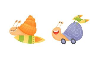 Funny fast snails set. Happy smiling mollusk characters flying rocket and riding on wheels illustration vector