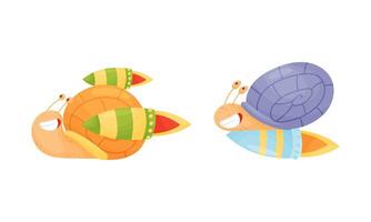 Funny fast snails set. Happy smiling mollusk characters flying with turbo rockets illustration vector