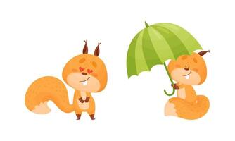Cute squirrel various activities set. Funny forest animal characters with eyes in shape of hearts and walking with umbrella illustration vector