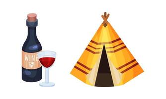 Thanksgiving day objects set. Bottle of wine and teepee tent illustration vector