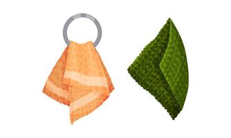 Bath towels set. Soft textile cloth for wiping hanging on hooks illustration vector