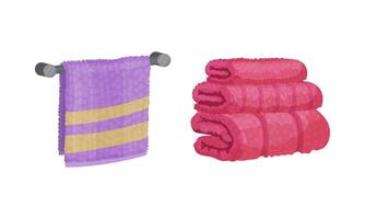 Bath towels set. Soft textile cloth for wiping hanging on wall and lying in stack illustration vector