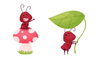 Ant doing various actions set. Happy funny insects cartoon characters illustration vector