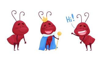 Ant doing various actions set. Happy funny smiling insects cartoon characters illustration vector
