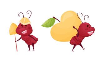 Ant doing various actions set. Funny insects workers cartoon characters illustration vector