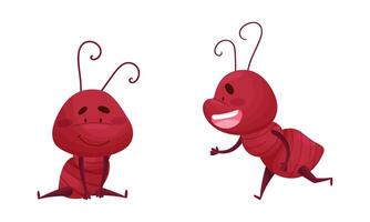 Ant doing various actions set. Happy insects cartoon characters activity illustration vector