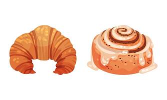 Pastry products for bakery menu set. Croissant, cinnamon roll delicious bakery assortment illustration vector