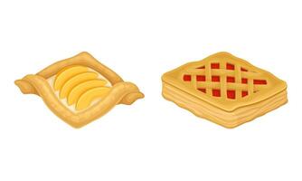 Puff pastry products for bakery menu set. Sweet buns with jam and apples, delicious bakery assortment illustration vector