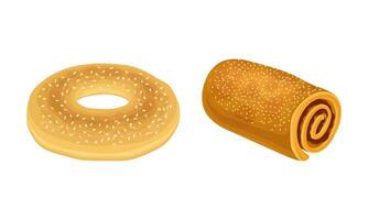 Pastry products for bakery menu assortment set. Bagel and roll with sesame seeds illustration vector