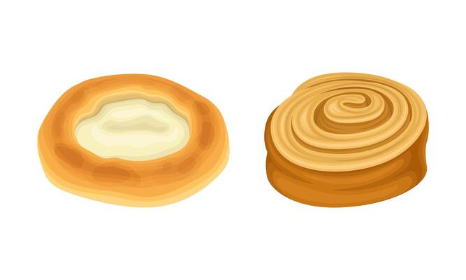 Pastry products for bakery menu assortment set. Curd patty and sweet roll bun illustration