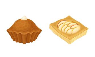 Pastry products for bakery menu set. Puff bun with apples and cupcake, delicious bakery assortment illustration vector