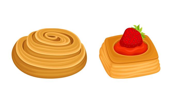 Pastry products for bakery menu assortment set. Sweet buns illustration