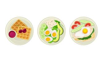 Traditional breakfast dishes set. Top view of waffles, eggs and vegetables of served on plates illustration vector