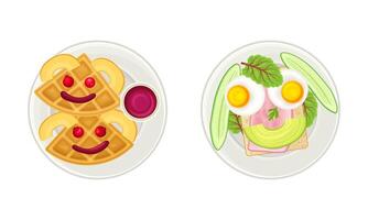 Sandwich and waffles breakfast for kids served on plates set. Top view of funny shaped dishes with eyes illustration vector