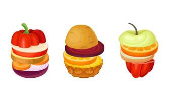 Set of sliced fruit and vegetables. Pineapple, apple, pepper, onion, orange, beetroot, potato round slices in stack illustration vector